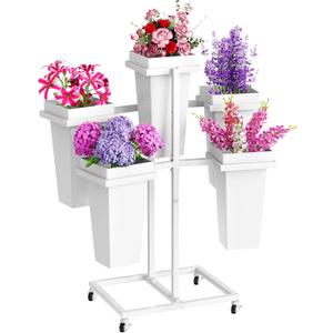 Flower Display Stand with Buckets Wedding Flower Cart with Wheels, White Flower Pot Stand, Moving Florist Bouquet Shelf for Weddings Party Bridal Shower Event Patio Garden Living Room Decor (16.54"L x 12.6"W x 31.5"H)