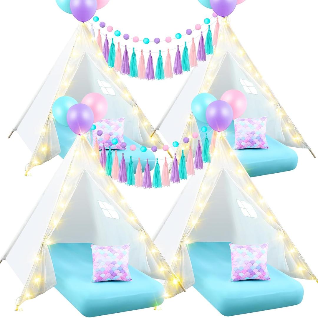 Windyun 4 Pack Mermaid Teepee Tent for Kids with Inflatable Airbed, String Light Fitted Sheet Mermaid Pillow Washable Toddler Indoor Play Tent for Girls Boys Sleepover Slumber Party, 70 inches x 48 inches x 62.99 inches