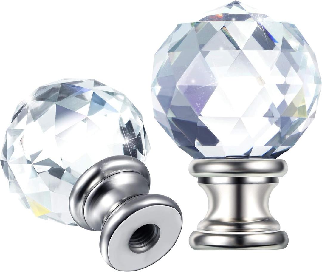 Mudder 2 Pieces Crystal Lamp Finial Cap Knob Screw Topper Clear Finial with Polished Chrome Base 1-3/4 Inches Diamond Knob for Lamp Shade Decorations(Silver Base)