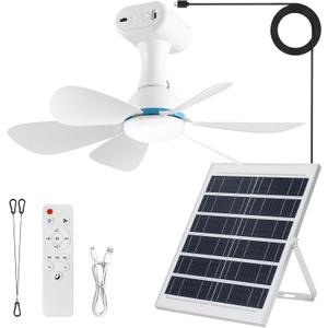 Solar Ceiling Fan Light with Remote, 30000mAh Portable solar lights outdoor with 20W Solar Powered Fan, 3 Speeds, solar fans with Light for Patios, Canopy, Shed, RV, Porch and Chicken Coop