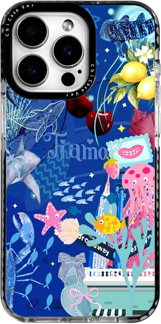 for iPhone 13 Pro Max Case Pink Ocean Adventure Collage Pattern Military Grade Drop Protection, Voyage Slim TPU with Camera Protection, Aesthetic Summer Design for Women Girls (BlueOctopus)