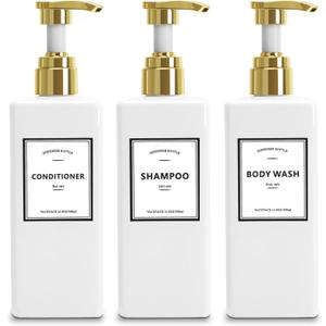 White With Gold Pump Shampoo Bottles Set of 3, 500ml Refillable Shower Dispenser, Rectangular Plastic Bottles with Pump, Glass & Metal Free