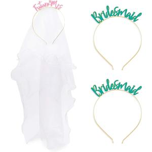 Sparkle and Bash Ms to Mrs Headband & Bridesmaid Headbands 3-Pack - One Size Fits Most Flexible Metal Headpieces in Pink & Teal - Wedding Veil Photo Props for Bachelorette Party