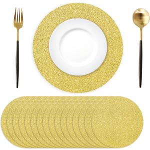50PCS Gold Paper Placemats Disposable 13.4 Inch Shiny Golden Place Mats Round Decorative Glitter Table Mats for Birthday Wedding Holiday Party Supplies Sparkle Dining Tableware