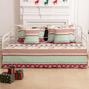 5-Piece Christmas Daybed Cover Set Twin Cozy Xmas Snowflake Reindeer Daybed Bedding Sets New Year Day Bed Comforter Bedspread, Santa Day Bed Cover with 4 Pillow Shams,39"x75"(Red Green White)