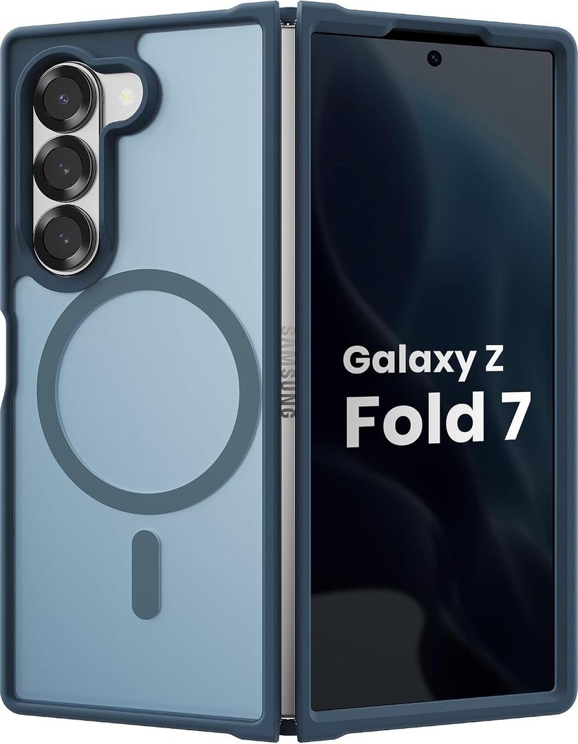 Magnetic Case for Samsung Galaxy Z fold 7 Case, Slim Translucent Matte Phone Cover with Shockproof TPU Frame & Scratch-Resistant PC Back, Strong Magnetic Ring, Navy Blue