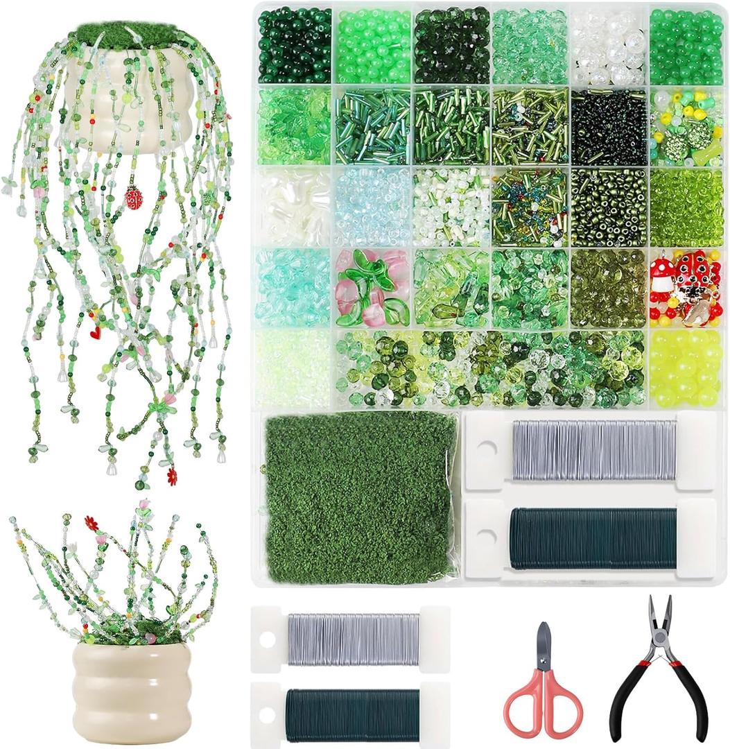MOVATEK 5700 PCS Green Beaded Plant Kit, Glass Beads for Crafting Beaded Plants, Jewelry, and DIY Projects