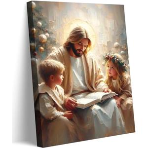 Jesus With Children Canvas Wall Art Jesus Garden Teaching Children Wall Decor Pictures Christian Kids Room Poster Print for Boy Girl Bedroom Church Decorations Ready To Hang