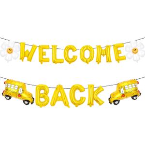 3 x Welcome Back Balloons Banner - 16 Inch Large Foil Letter Balloons with School Bus & Daisy Design, Back to School Decorations for Classroom, Office, First Day of School Party Supplies