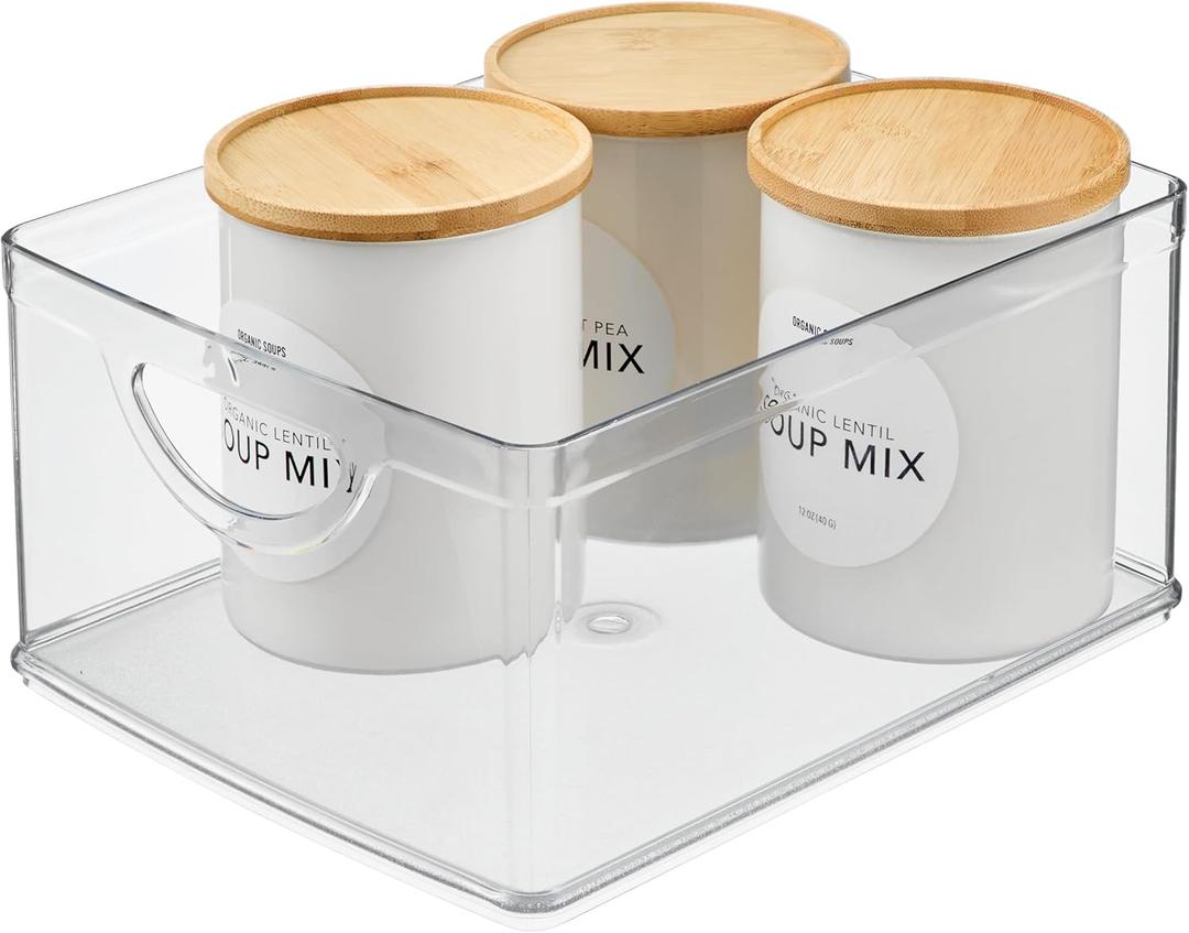 iDesign Plastic Stackable Kitchen Cabinet Storage Bin with Handles - Clear Pantry Organizer (Medium)