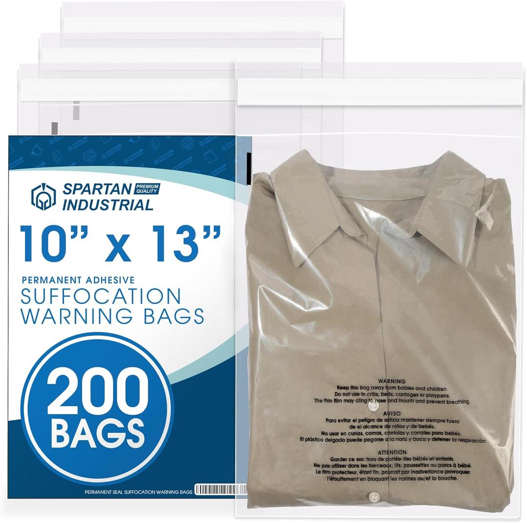 Spartan Industrial - 10 X 13 (200 Count) Self Seal Clear Poly Bags with Suffocation Warning for Packaging, T Shirts - Permanent Adhesive