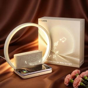 Vivilumens Sunrise Alarm Clock Wireless Charger, 10 White Noise Sound Machine Alarm Clock with 30/60/90 Mins Timer, 3 Levels Touch Night Light Dual Clocks for Heavy Sleeper Bedroom Decor Gift for Her, Medium
