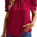 BTFBM Womens Tops Dressy Casual Mock Neck Puff Short Sleeve Shirts Back Tie Business Work Blouses Summer Fall 2025 (X-Large, Solid Wine Red)
