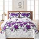 Yiran Purple Floral Quilt Set Queen Size Summer Botanical Bedspreads Bedding Set 3 Pieces Lightweight Rose Flowers Printed Coverlet with 2 Pillow Shams for All Season 96x90 Inch
