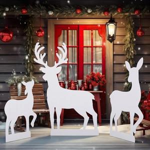 Vercraft 3 Pieces Large Christmas Deer Outdoor Decorations 23-45'' 2D PVC Reindeer Family Silhouette Set White Reindeer Christmas Yard Decoration for Outside Lawn Garden Xmas Holiday Party Decor