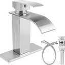 Onader Bathroom Sink Faucet for 1 or 3 Hole, Brushed Nickel Single Handle Waterfall Bathroom Faucet for Vessel Vanity Sink, Pop Up Drain and Water Hoses Included