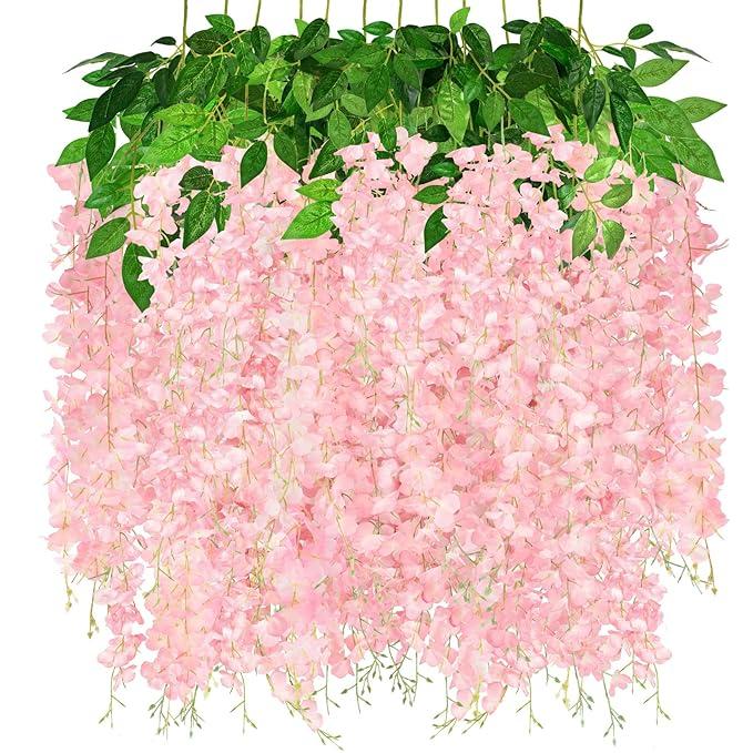 12 Pack Artificial Hanging Flowers Wisteria Garland Lush Long Silk Flower Vines for Outdoor Indoor Wedding Arch Backdrop Party Room Wall Decor (Light Pink)