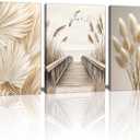 3 Pcs Beige Reeds Botanical Framed Canvas Wall Art Neutral Palm Fronds Wall Paintings Quiet Beach Landscapes Art Prints Picture Home Decor for Bedroom Living Room Office Reay to Hang 16"x24"