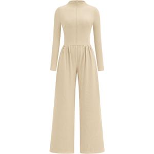 PRETTYGARDEN Long Sleeve Jumpsuit for Women 2026 Fall Date Night Rompers Dressy Casual One Piece Mock Neck Jumpsuits Pockets (Beige, XXL)