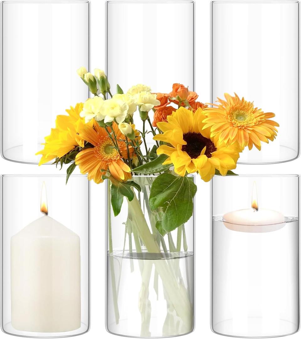 6 Pack Glass Cylinder Vases 6 Inch Tall Clear Flower Vase for Centerpieces, Hurricane Floating Candle Holder Wedding Decorations, Floral Vase Bulk for Table Shelf Party Home Deco (6 x 3.35 Inch)