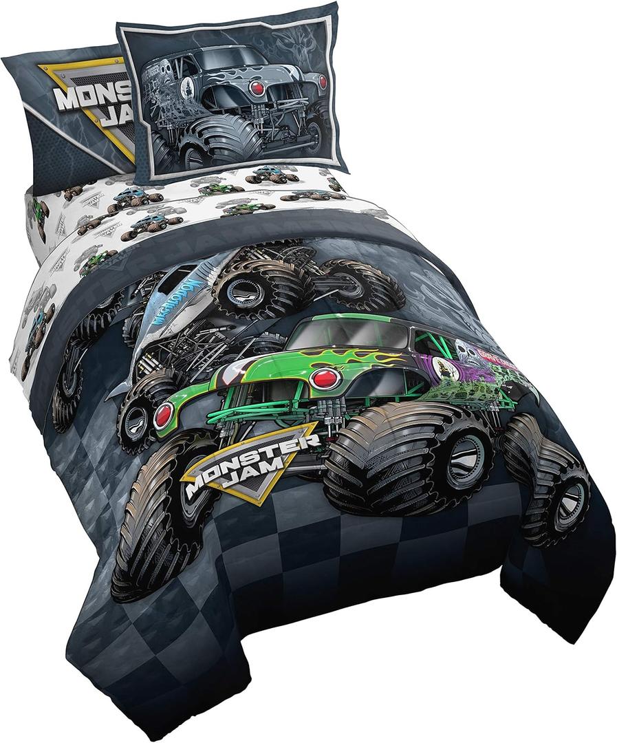 Jay Franco Monster Jam Slash 7 Piece Full Bed Set - Includes Reversible Comforter & Sheet- Bedding Features Grave Digger & Megalodon-Super Soft Fade Resistant Microfiber(Official Monster Jam Product)
