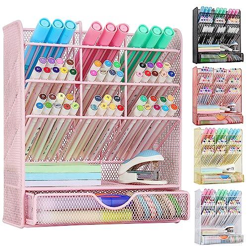 Spacrea Pen Holder Desk Organizer - Desk Organizers and Accessories, Pencil Holder with 10 Compartments and 1 Drawer（Pink）