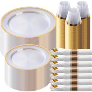 Goodluck 350 Piece Gold Plastic Dinnerware Set for Party, Clear Disposable Plates for 50 Guests, Include: 50 Dinner Plastic Plates, 50 Dessert Plates, 50 Pre Rolled Napkins with Cutlery Set, 50 Cups,Gold, 350 Piece (50 guests)