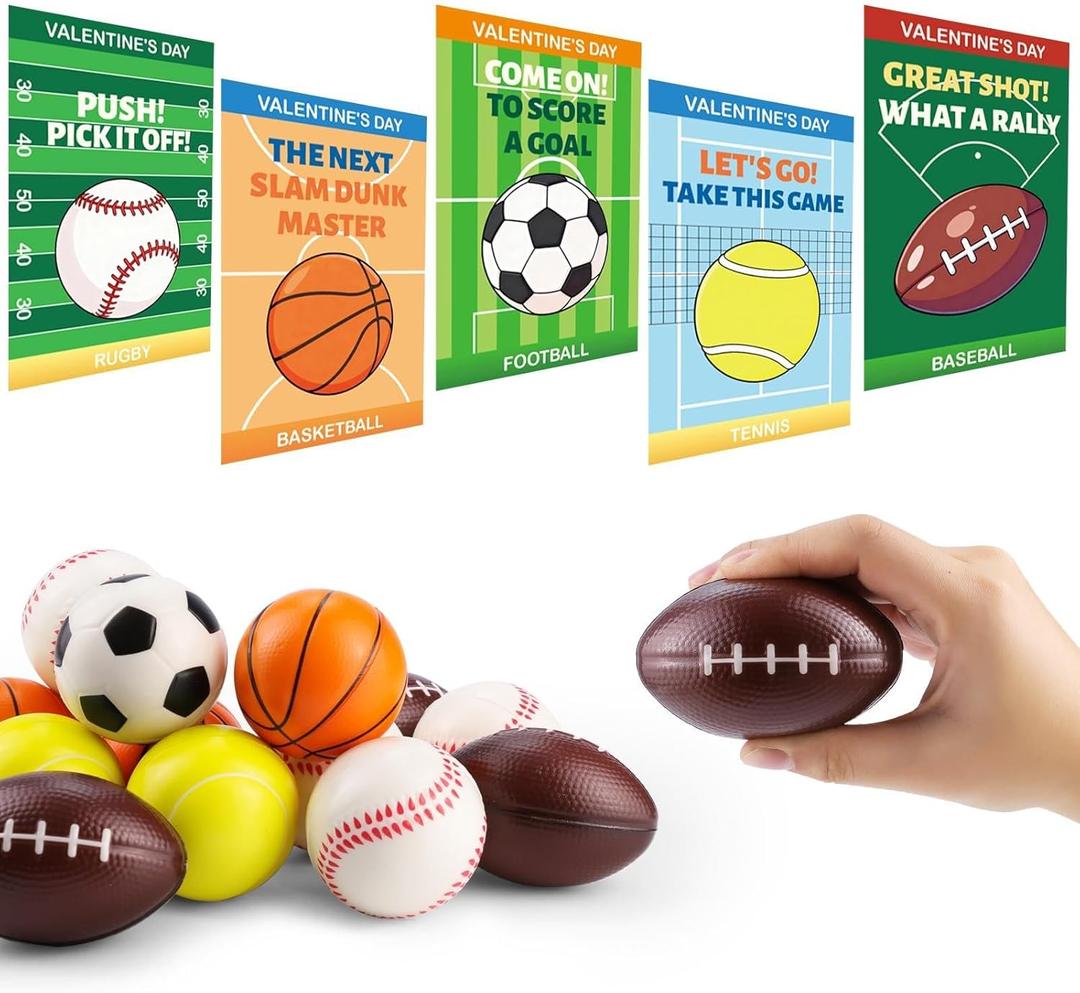 24 Pack Valentines Day Gifts for Kids Valentines Cards With Sports Squeeze Balls Valentines Exchange Cards for Boys Girls School Classroom Prizes Party Favors
