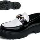 Men's Patent Leather Chunky Platform Penny Loafers with Metal Decoration Slip-On Lug Sole Dress Business Work Shoes Daily Non-Slip Shock Absorbing Casual Shoes (10, White and Black)