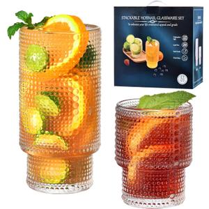 ISMASOAN Hobnail Drinking Glasses Set of 12, Stackable Glasses 12 oz and 7 oz, Bubble Glasses Drinking, Vintage Glassware, Beaded Glassware, Highball Glasses, Gift Box Set