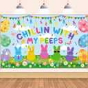 Easter Decorations Chillin with My Peeps Backdrop, 71" X 43" Easter Backdrop, Eggs Floral Grass Bunny Easter Backdrops for Photography, Peeps Banner for Easter Peeps Decorations Indoor Outdoor