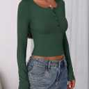 PRETTYGARDEN Women's 2025 Summer Long Sleeve Henley T Shirts Ribbed Knit Button Slim Fitted Basic Casual Going Out Fall Tops (Green, XL)