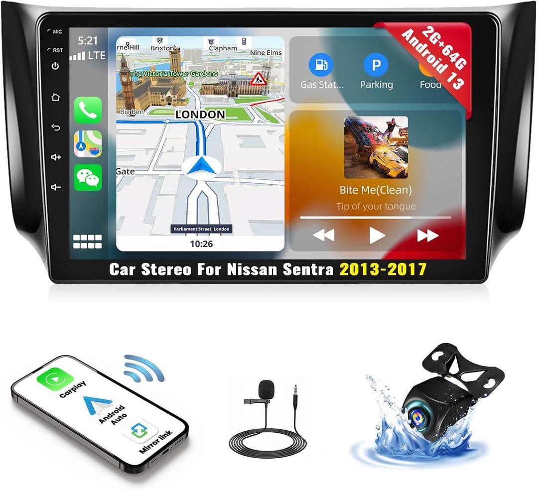 2G+64G Android 13 Car Stereo for Nissan Sentra 2013-2017 Radio Wireless Carplay Android Auto, 10.1 Touchscreen Car Radio GPS Navigation/Mirror Link/Bluetooth/EQ/FM/RDS Radio+Backup Camera&Mic
