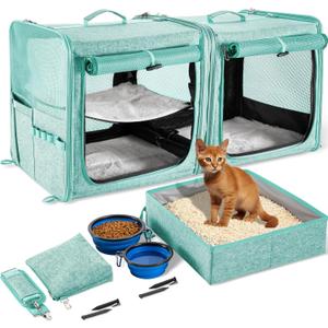 Suertree Cat Carrier for 2 Cats, Pet Travel Carrier with Litter Box for Cats and Small Dogs Up to 45 Lbs, Bowls, and Locking Zippers, Green ((15.9*2)*14.5*15.5in)