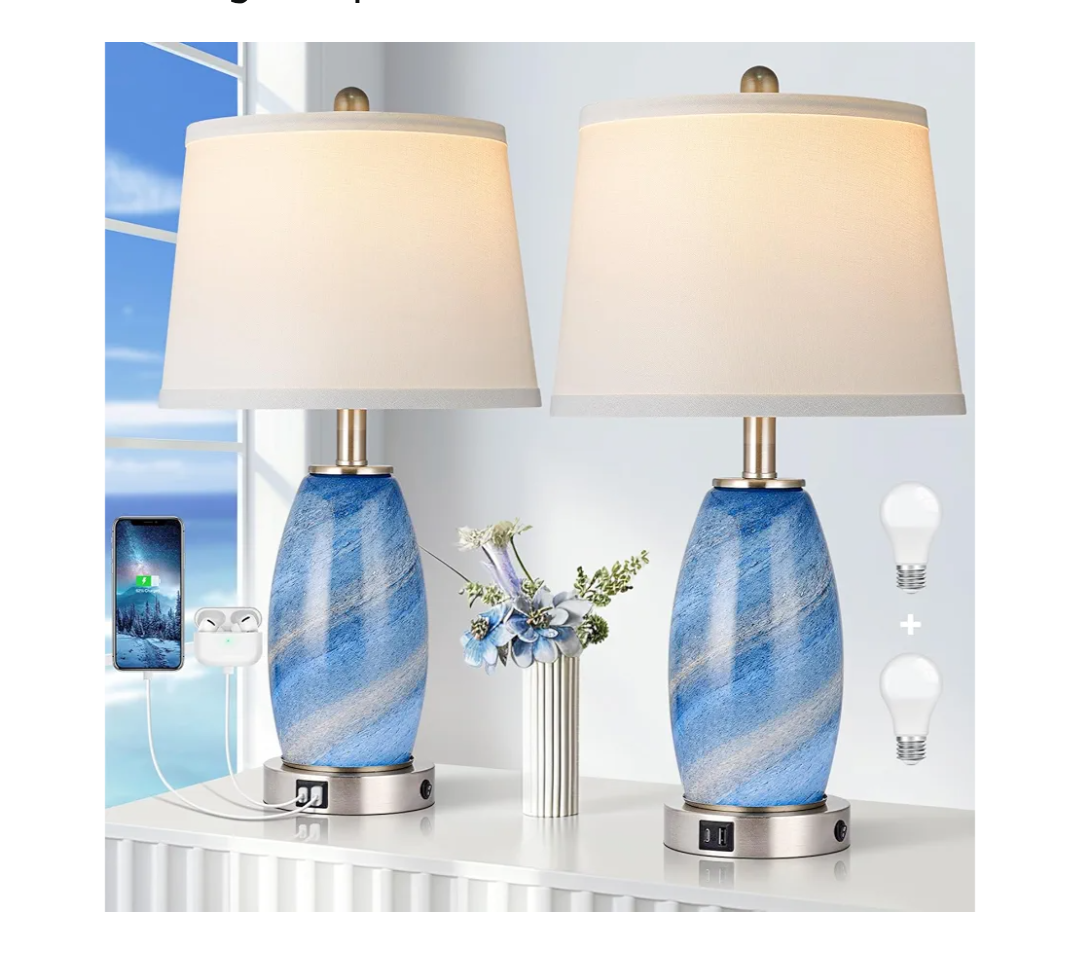 Blue Lamps Set of 2 for Bedroom & Bedside with 3-Way Lighting Modes & USB C+A - Modern Style Glass Nightstand Table Lamps for Living Room & Bedroom Decoration (23.5" H)