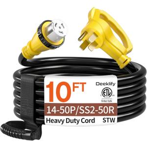 10FT 50 Amp Generator Cord, NEMA 14-50P/SS2-50R Heavy-Duty 4 Conductors Cable, Pure Copper STW RV Extension Cord, Female Plug with Twist Lock, Suitable for RV or Camper, ETL Listed