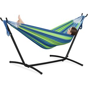 PNAEUT Double Hammocks with Stand for Outside, Portable Space Saving Heavy-Duty Steel Stand for Indoor Outdoor Patio with Sidebag, 450 lbs Capacity (Blue)