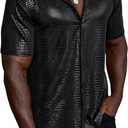 WDIRARA Men's 70s Disco Top Crocodile Pattern Button Down Shirt Short Sleeve Rave Party PU Leather T Shirt (Black), S
