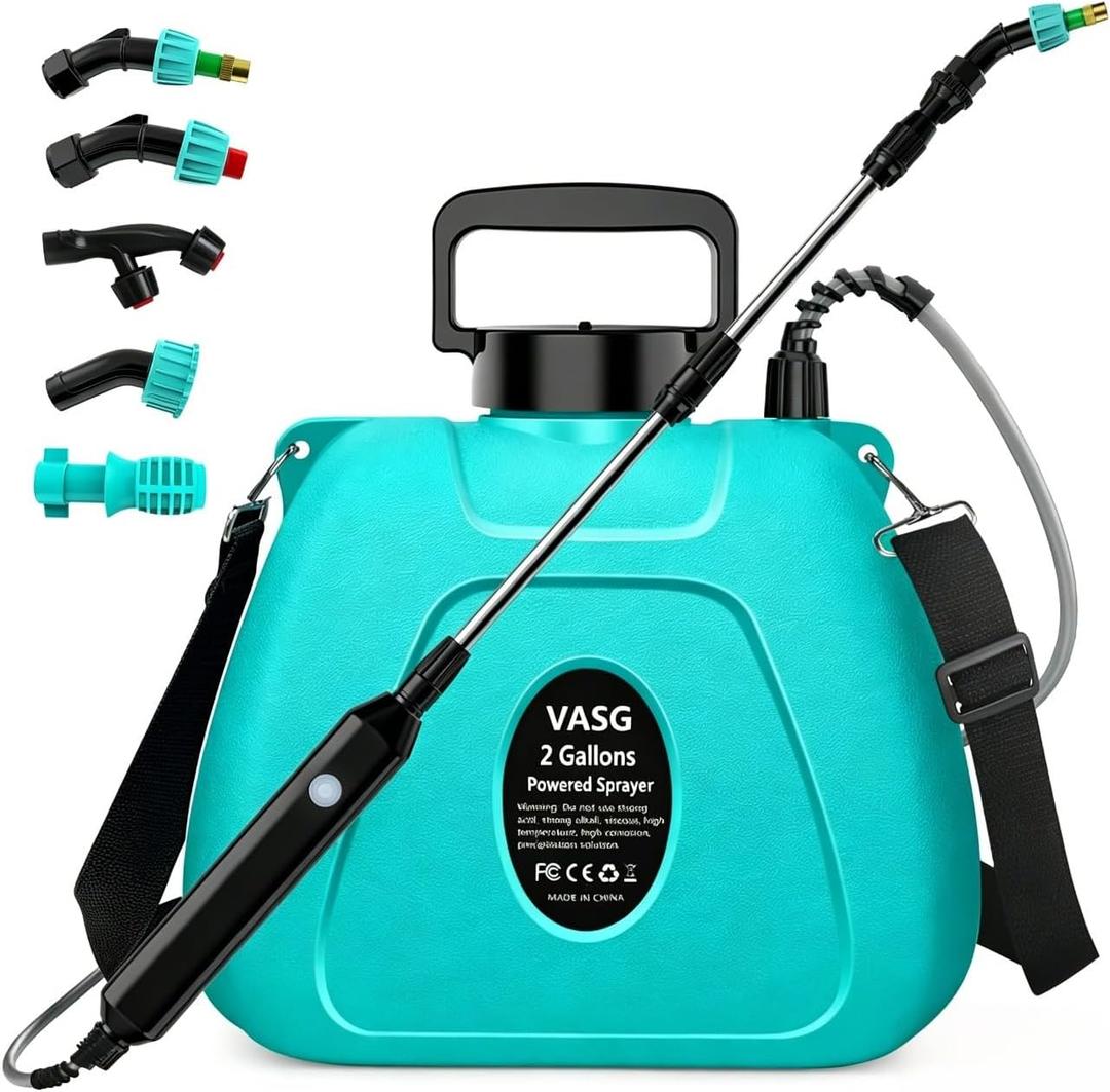 2 Gallon Electric Garden Sprayer, Battery Powered Weed Sprayer with USB Rechargeable Handle, 5 Spray Nozzles, Telescopic Wand & Adjustable Shoulder Strap for Lawn & Yard