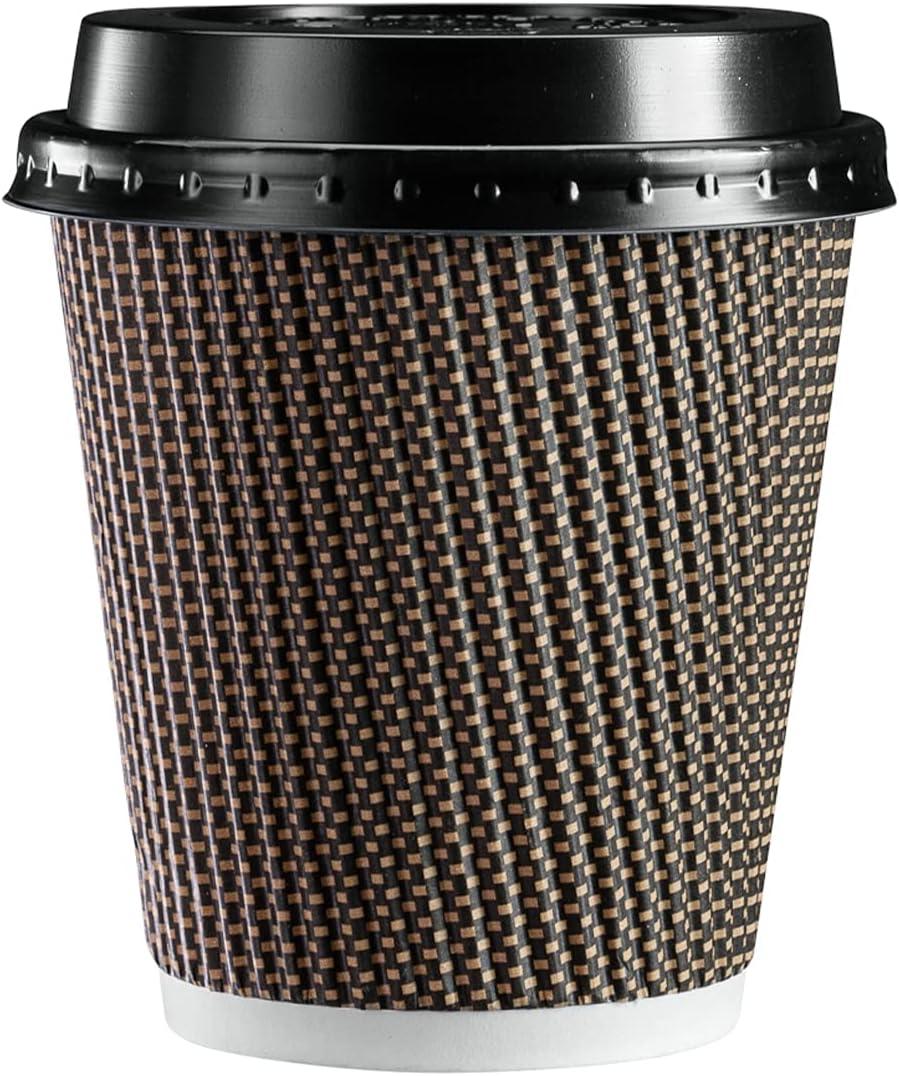 GUSTO [10 oz. - 50 Sets Insulated Brown Patterned Ripple Paper Hot Coffee Cups With Lids (Lids Color May Vary) - Ideal for Hot Beverages, Travel, and Office Use - (Formerly Comfy Package)