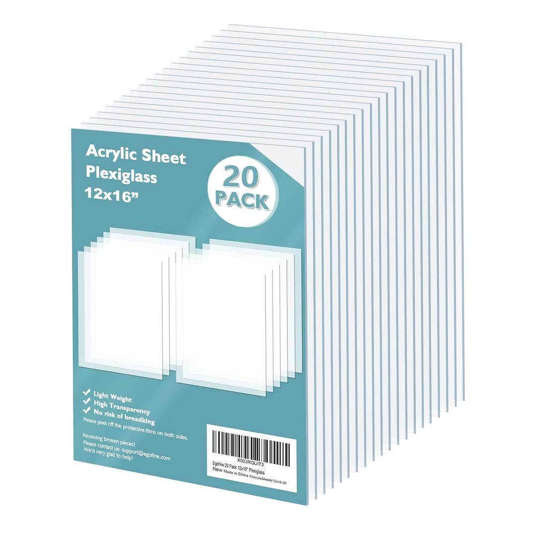 Egofine Plexiglass Sheets Acrylic Sheets 20 Pack of 12x16’’ 0.04 Thick Clear Plastic Cast Transparent Plexi Glass for Crafting Projects, Replacement Picture Frame Glass, DIY Display, Easy to Cut