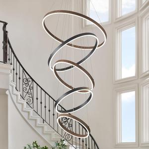 LED 5-Ring Chandelier for High Ceiling Foyer Chandelier with Remote Control Dimmable Circle Round Light Fixture Modern Wood & Black Ring Chandeliers for High Ceiling Living Room Entry, 100W