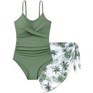 Idgreatim Teen Girls One Piece Swimsuit with Cover Up Bathing Suit Set Size 9-16 (9-10 Years, Black Leaves)