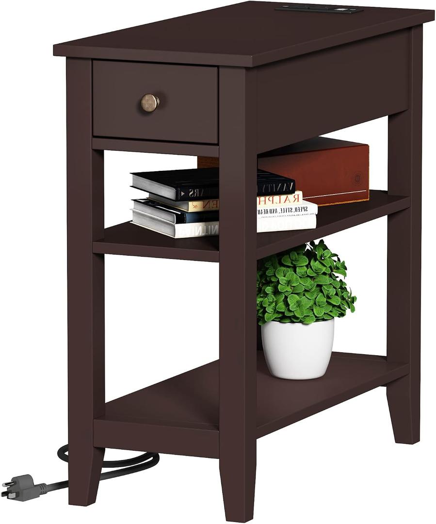 ChooChoo Narrow End Table with Charging Station, Side Table Living Room with USB Ports & Power Outlets and Hidden Drawer, 3-Tier Skinny Nightstand with 2 Open Storage Shelves For Small Place(Espresso), 12" x 24" x 24"