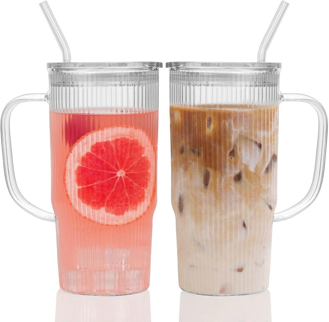 GOSCHE Glass Cups with Lids and Straws, Glass Tumbler with Handle for Iced Coffee, Tea, Juice, Smoothies, 24oz Drinking Cup with Plastic Lid for Hot & Cold Beverages, 2 Pcs GOSCHE Glass Cups with Lids and Straws, Glass Tumbler with Handle for Iced Coffee, Tea, Juice, Smoothies, 24oz Drinking Cup with Plastic Lid for Hot & Cold Beverages, 2 Pcs