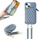 MONASAY Zipper Wallet Case Compatible for iPhone 15,Flip Leather Handbag Phone Cover with Card Holder&Detachable Crossbody Shoulder Lanyard Strap, Light Blue