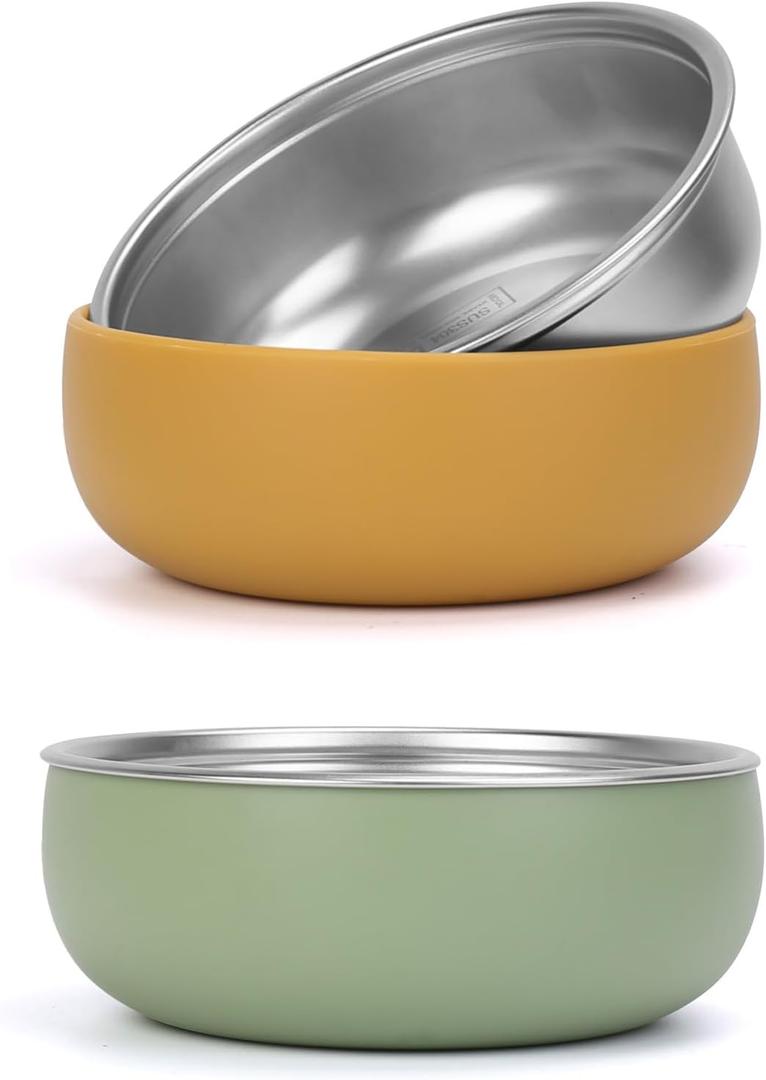 ShineMe Baby Bowls 2 Pack, Stainless Steel Bowls for Kids with Detachable Thick Colored Silicone Shell, Unbreakable Toddler Bowls for Soup, Cereal, Snack... (2pack Yellow and Green)
