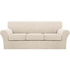 Turquoize 4 Piece Couch Cover Sofa Covers for 3 Cushion Couch Sofa Slipcovers Washable Sofa Cover for Dogs with Individual Couch Cushion Covers Feature Jacquard Fabric(3 Cushion Sofa, Biscotti Beige)