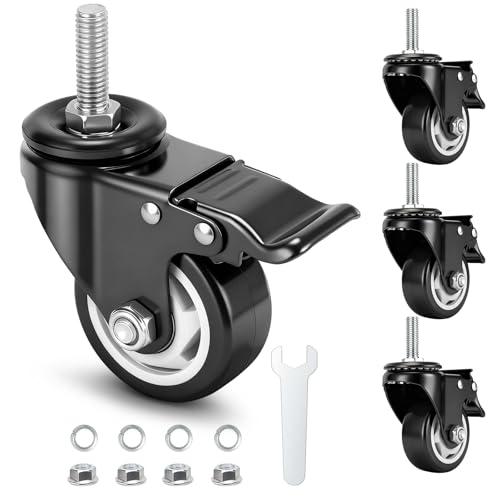 3 Inch Caster Wheels, Casters Set of Only 3 1/2"-13 x 1 (Screw Diameter 1/2", Screw Length 1.5") Threaded Stem Casters, Heavy Duty Industrial Castors, Locking Caster for Furniture and Workbench