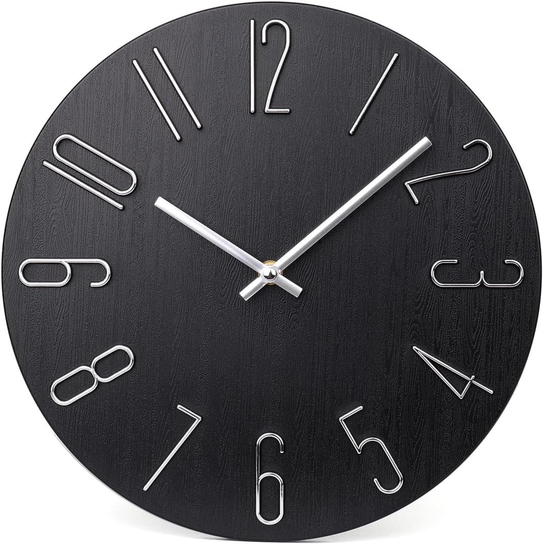 jomparis Wall Clock 12" Silent Non-Ticking Modern Style Wooden Wall Clocks Decorative for Office Home Bedroom School (Black)